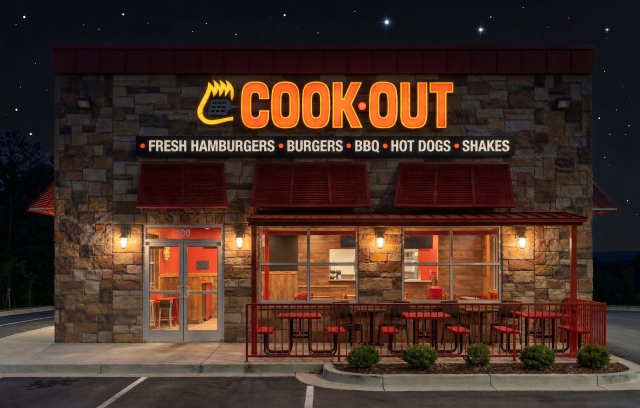 Cook Out restaurant at night